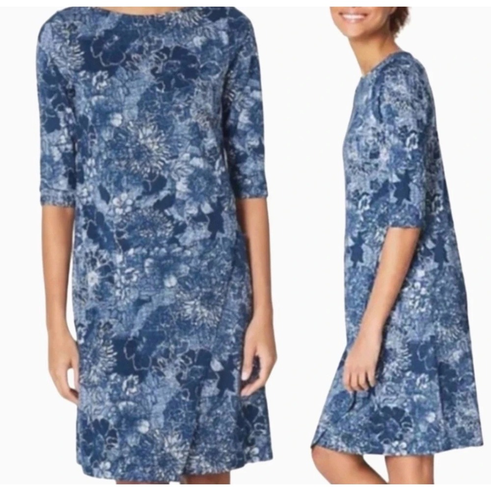 Pure J Jill Wrap Style Dress Womens Large‎ Blue Floral 3/4 Sleeve Tunic Flowy L